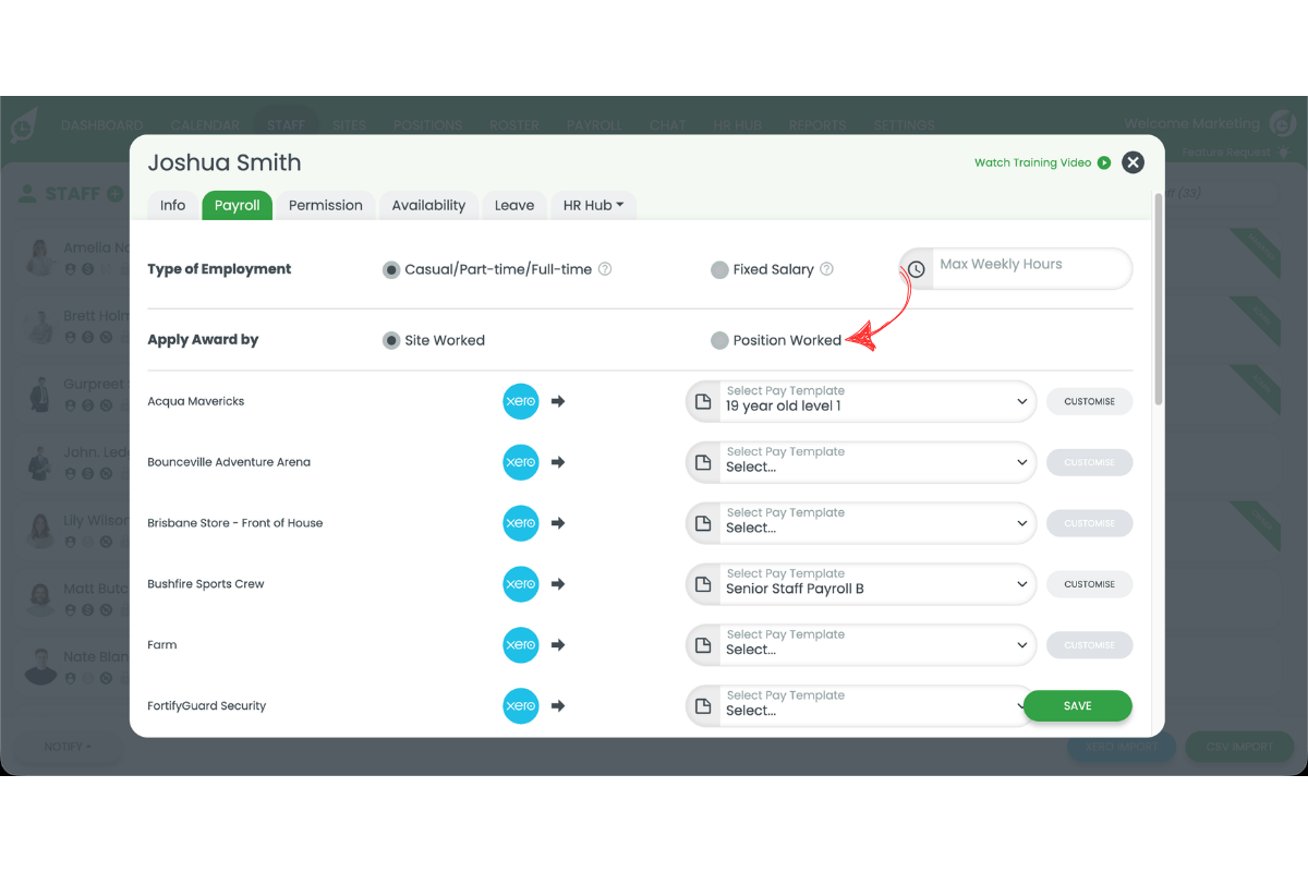 Screenshot showing the 'Apply award by position worked' option highlighted in the Payroll tab
