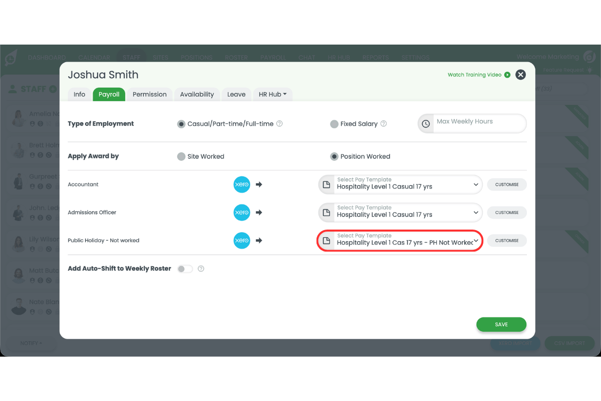 Screenshot showing the new pay template assigned to the Public Holiday Not Worked position