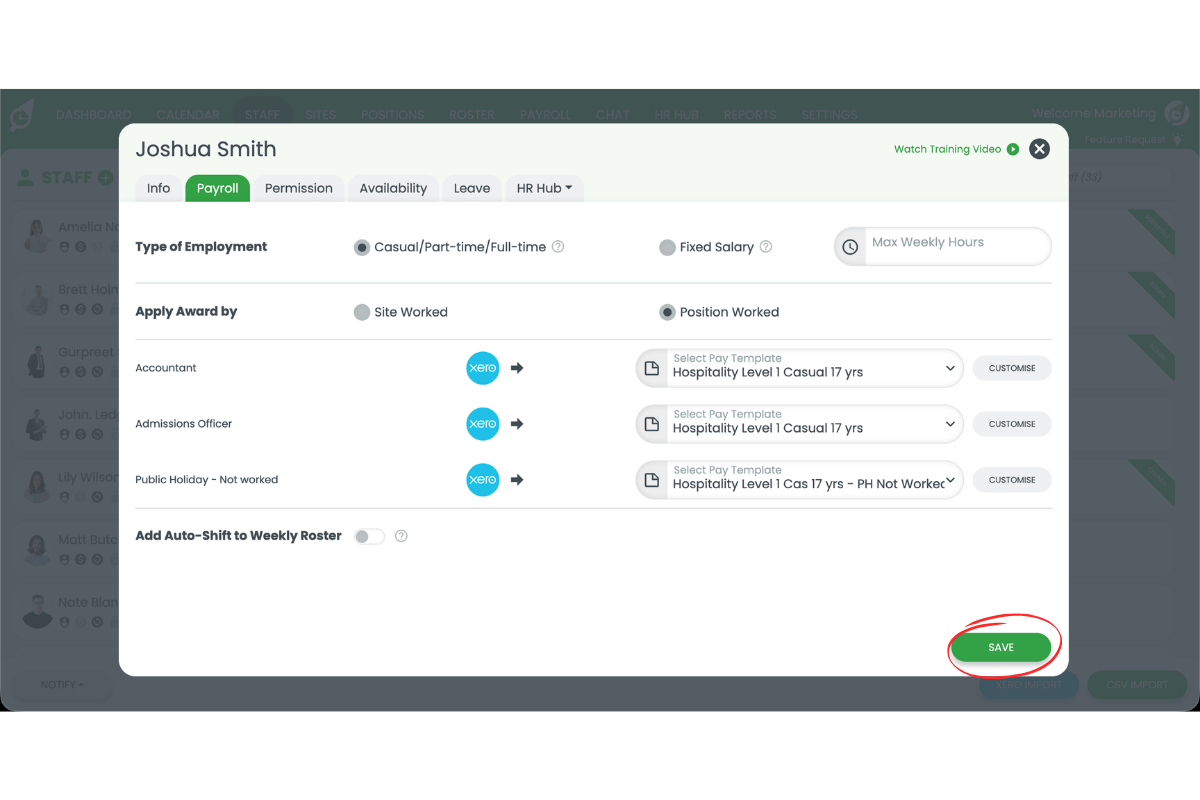 Screenshot showing the Save button circled in the staff Payroll tab