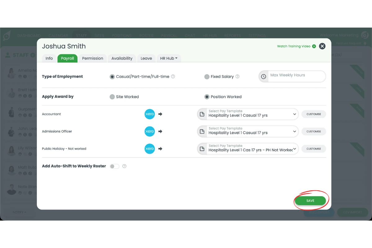 Screenshot showing the Save button circled in the staff Payroll tab
