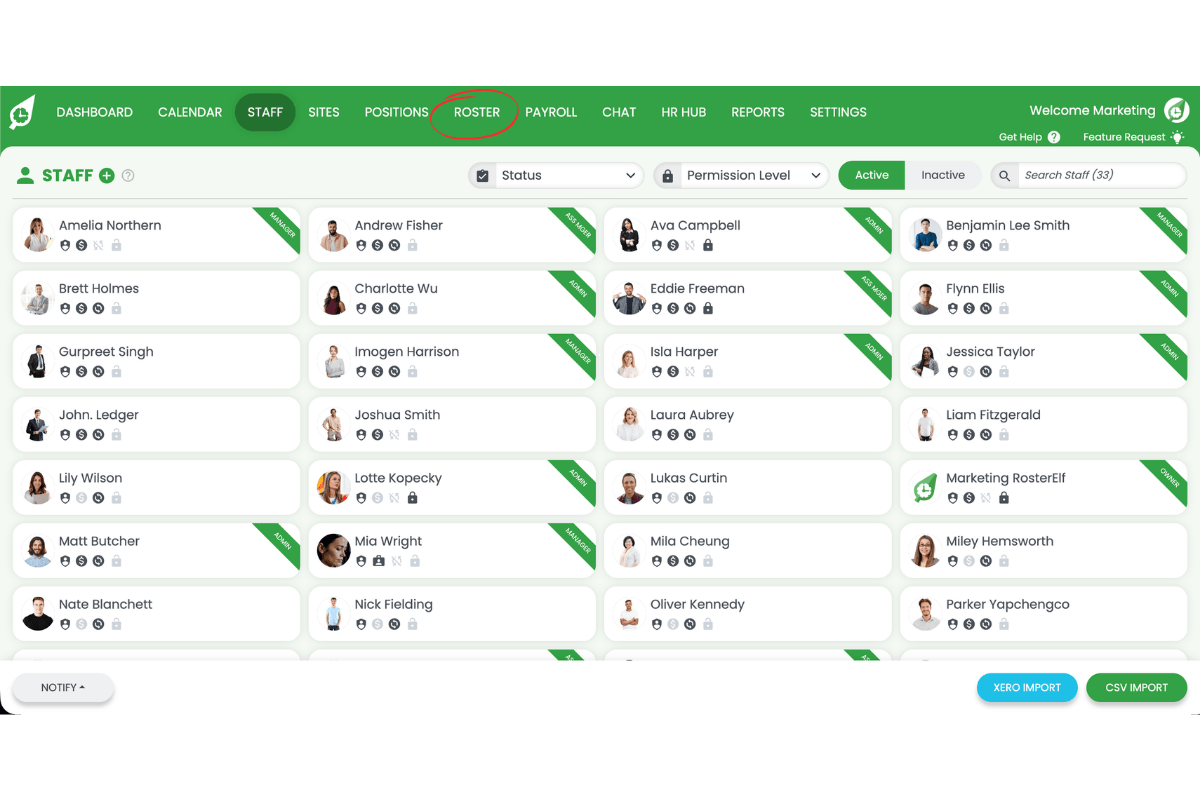 Screenshot showing the Roster tab circled in RosterElf