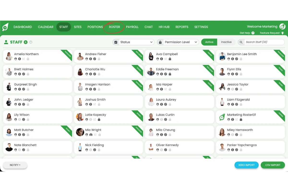 Screenshot showing the Roster tab circled in RosterElf