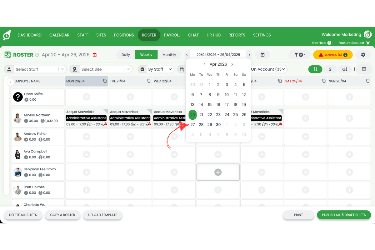 Screenshot showing the calendar date picker with a public holiday date selected