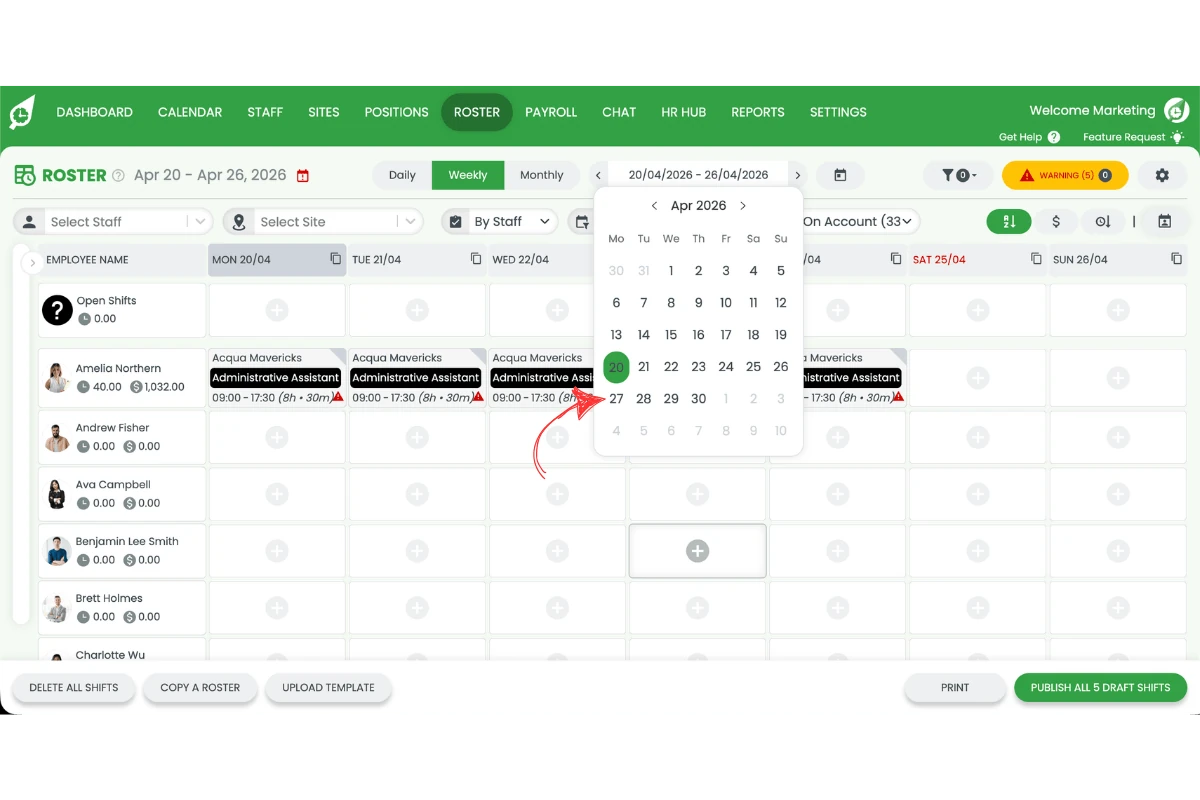 Screenshot showing the calendar date picker with a public holiday date selected