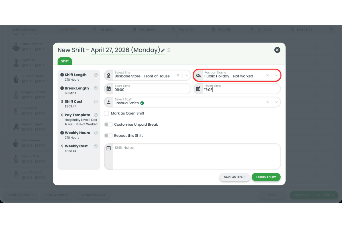 Screenshot showing the New Shift modal with Public Holiday Not Worked selected as the position