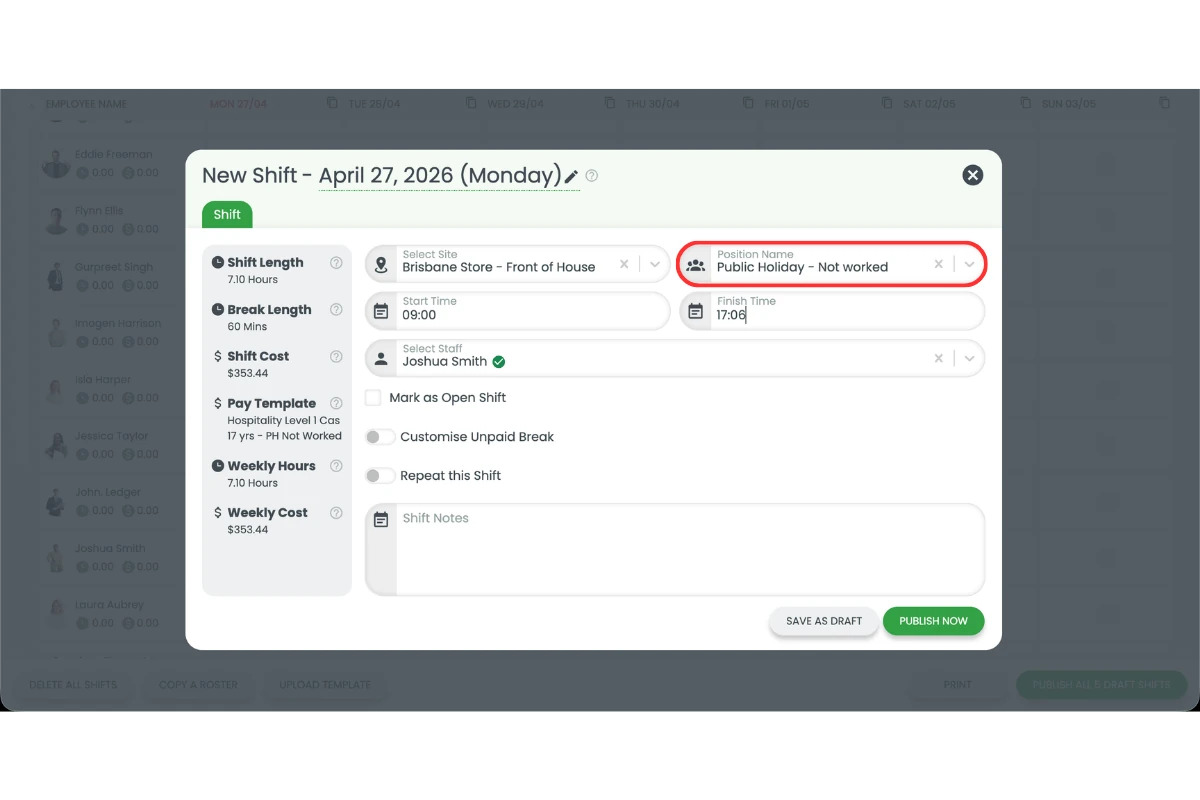 Screenshot showing the New Shift modal with Public Holiday Not Worked selected as the position