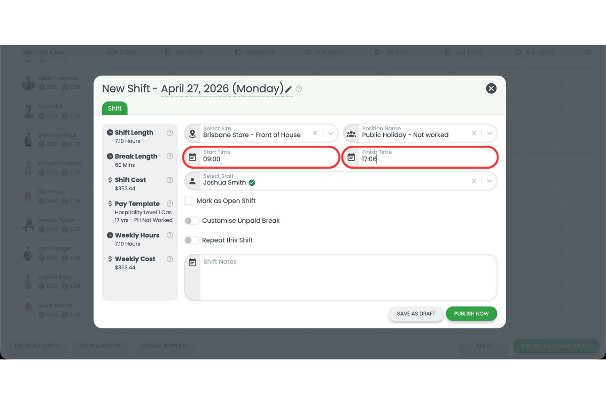 Screenshot showing the start and finish time fields circled in the New Shift modal
