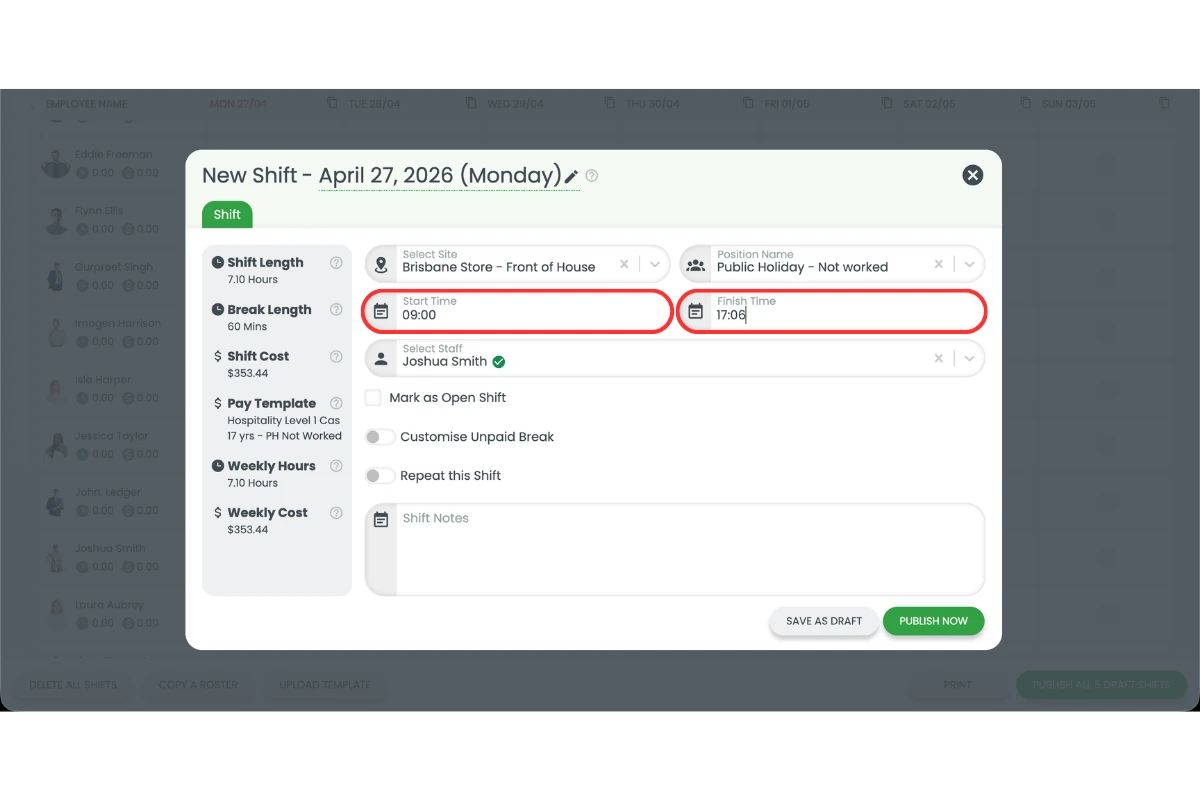Screenshot showing the start and finish time fields circled in the New Shift modal