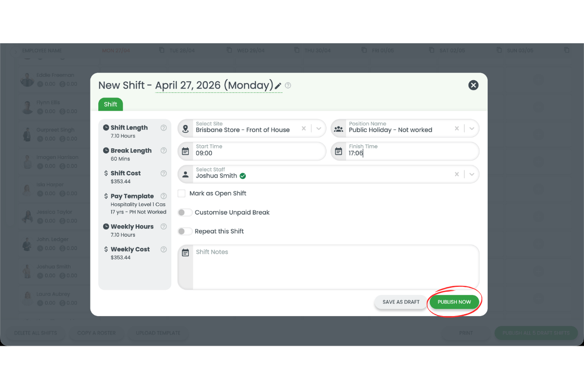Screenshot showing Publish Now circled in the New Shift modal