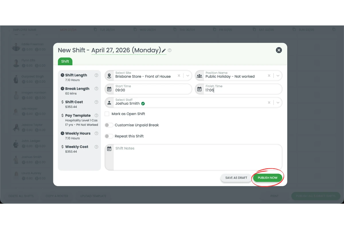 Screenshot showing Publish Now circled in the New Shift modal