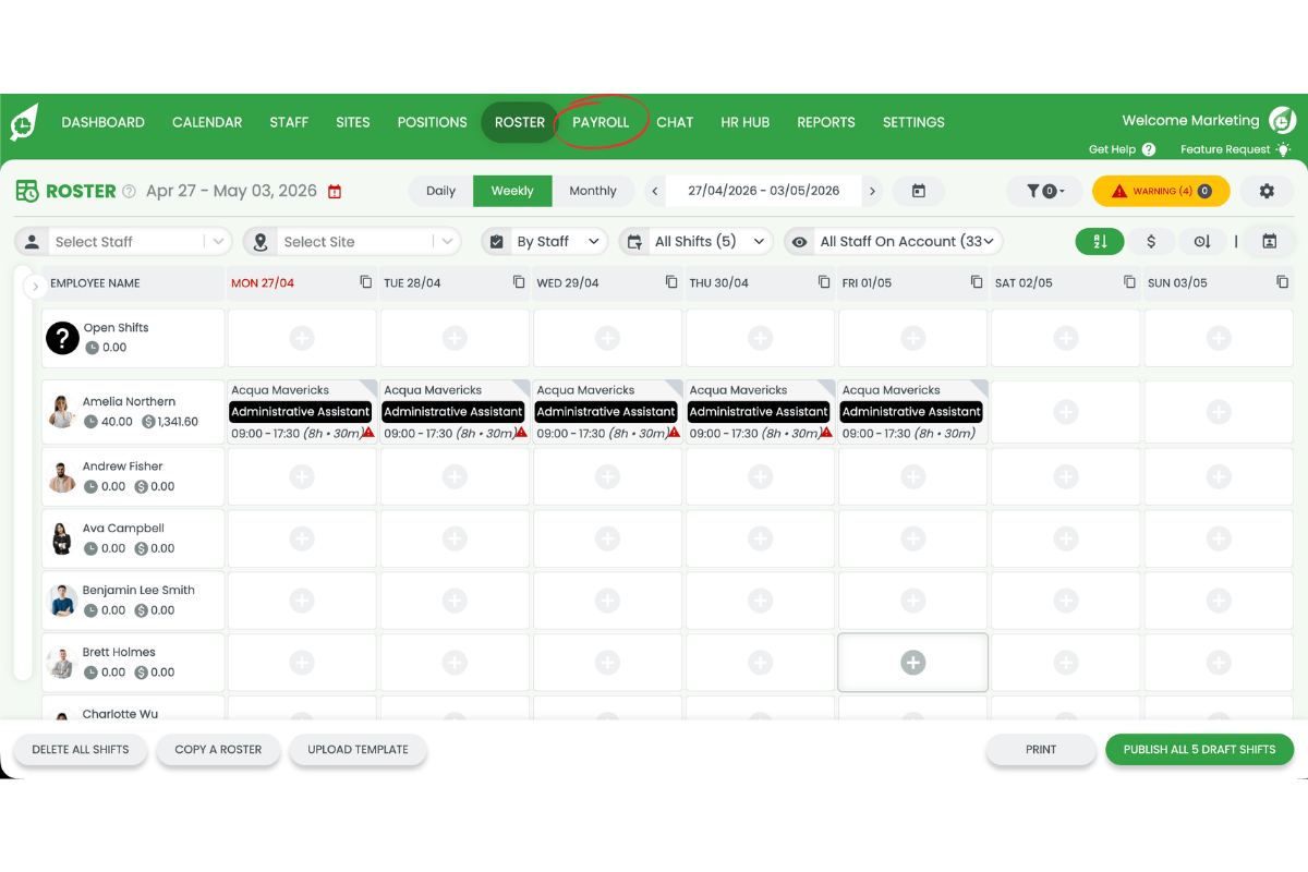 Screenshot showing the Payroll tab circled in the RosterElf navigation