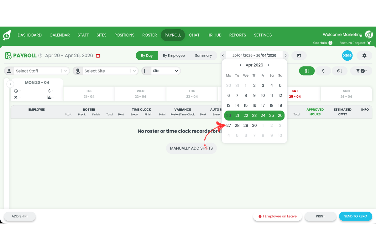 Screenshot showing the date picker in Payroll with the public holiday date selected