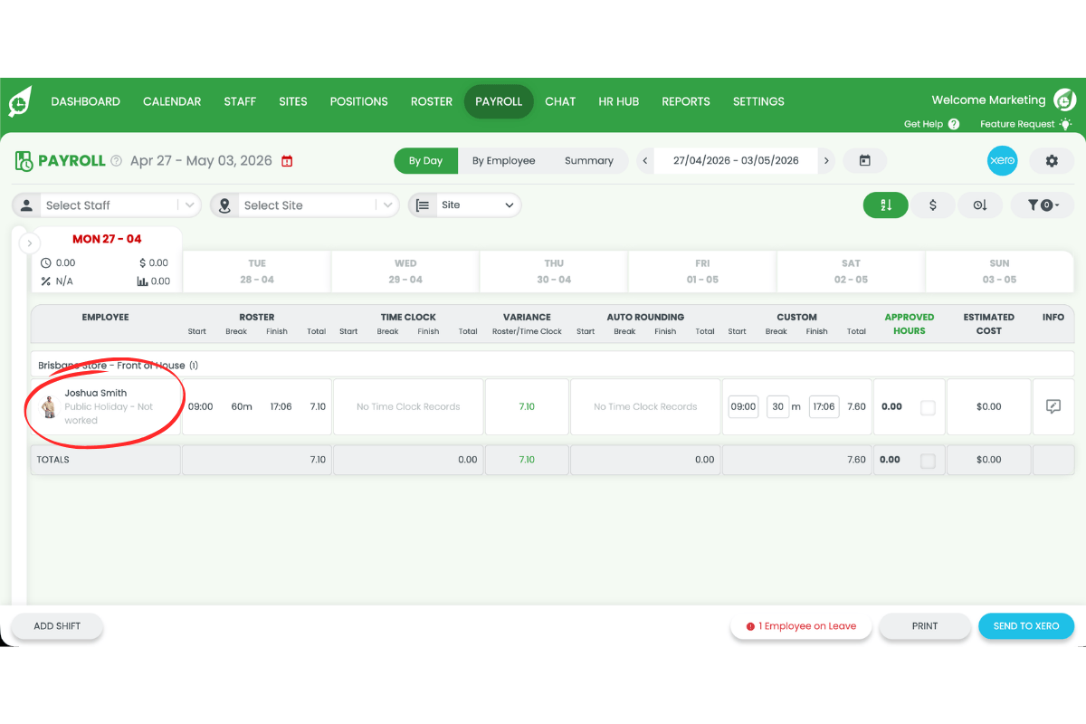 Screenshot showing the rostered Public Holiday Not Worked shift visible in Payroll