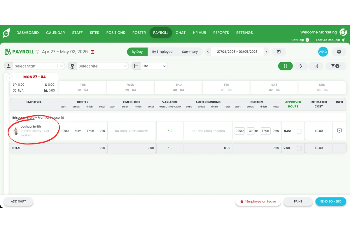 Screenshot showing the rostered Public Holiday Not Worked shift visible in Payroll