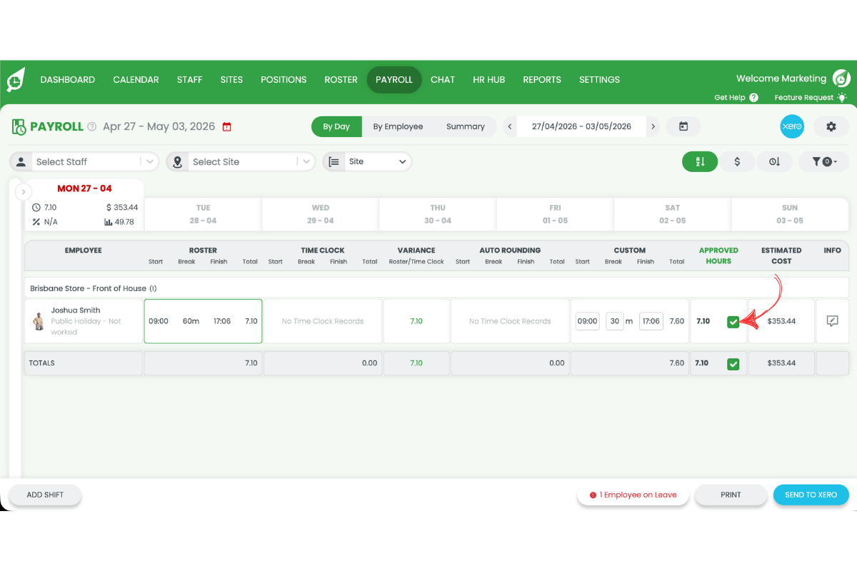 Screenshot showing the Approved Hours checkbox highlighted in Payroll