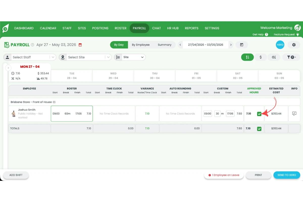 Screenshot showing the Approved Hours checkbox highlighted in Payroll