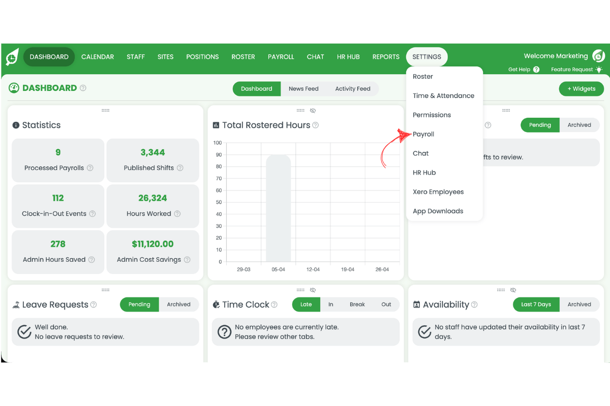 Screenshot showing Payroll highlighted in the Settings dropdown