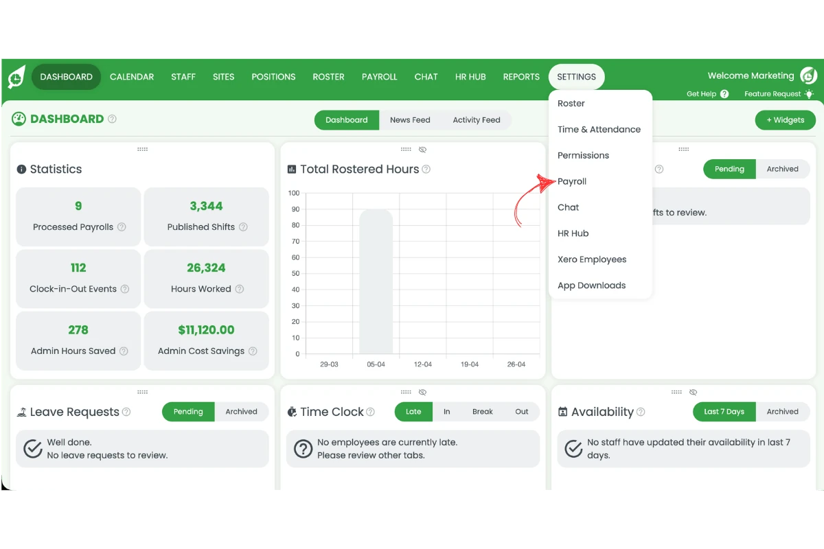 Screenshot showing Payroll highlighted in the Settings dropdown