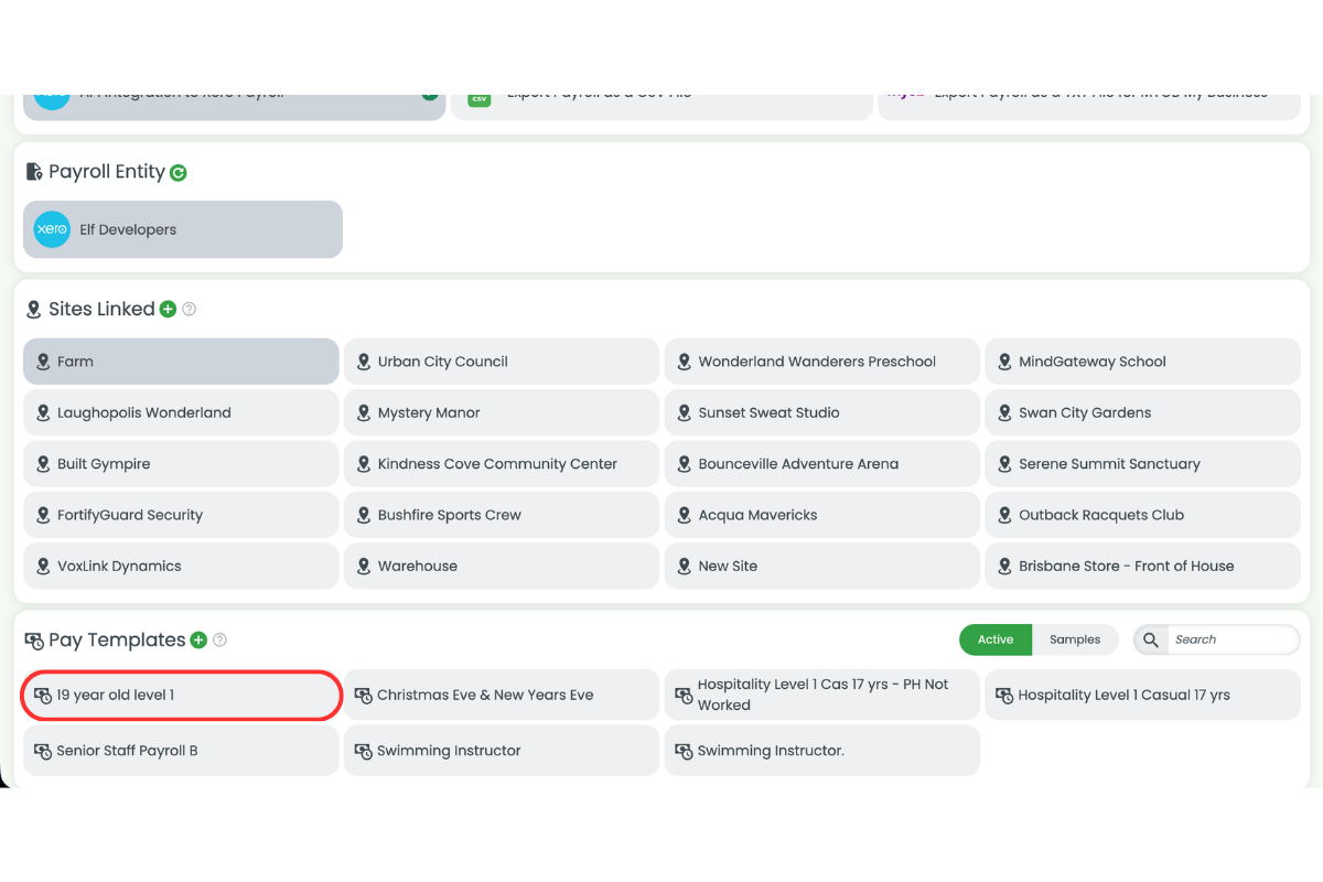 Screenshot showing the staff pay template circled in Payroll settings