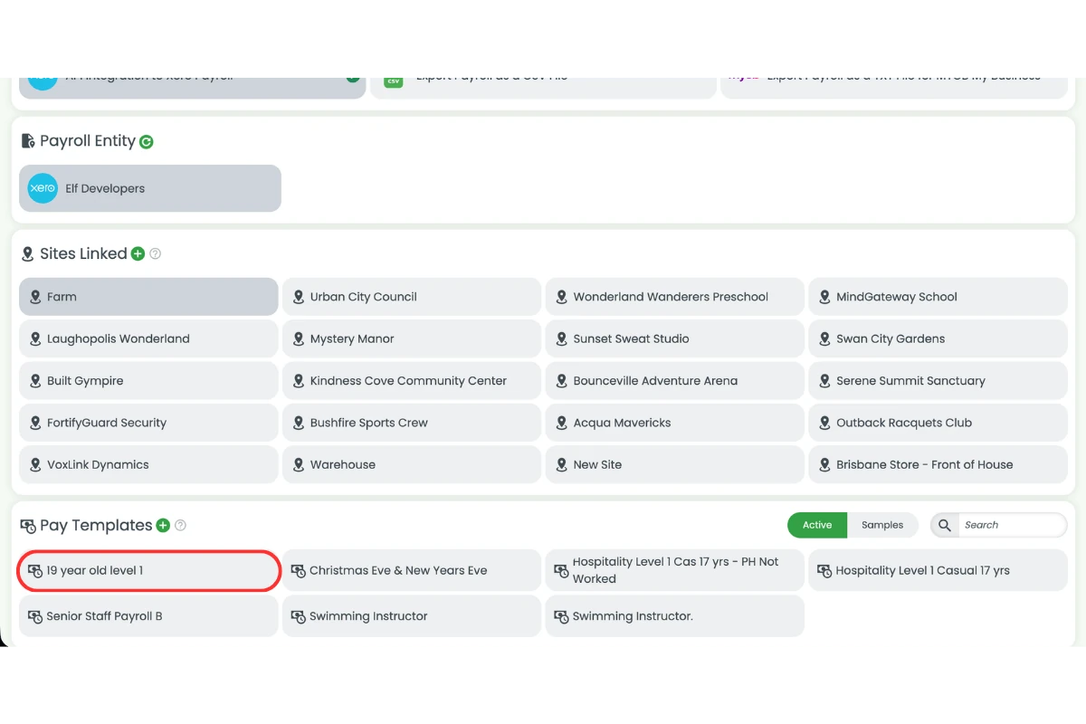 Screenshot showing the staff pay template circled in Payroll settings