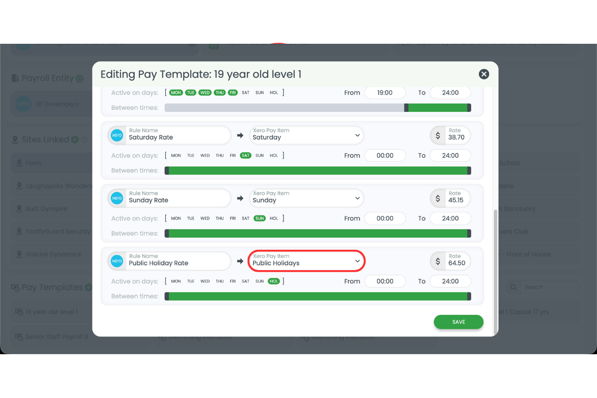 Screenshot showing the public holiday rule circled in the pay template editor