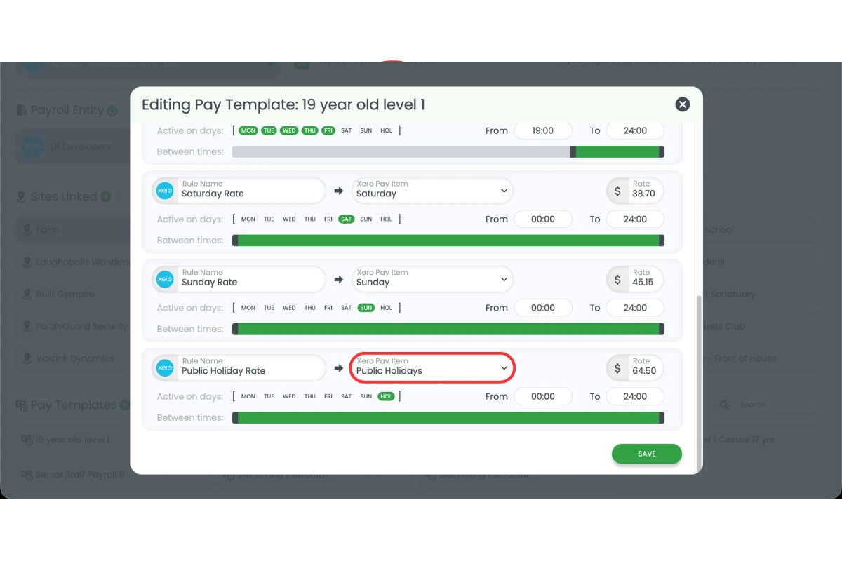 Screenshot showing the public holiday rule circled in the pay template editor