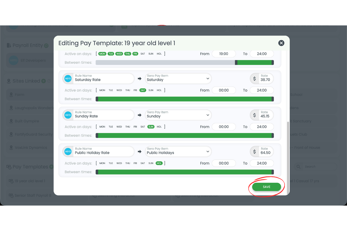 Screenshot showing the Save button circled in the pay template editor