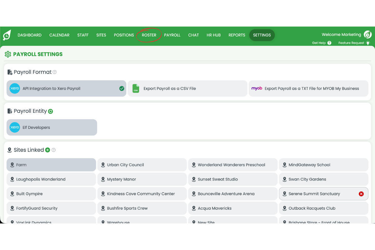 Screenshot showing the Roster circled in RosterElf Payroll settings