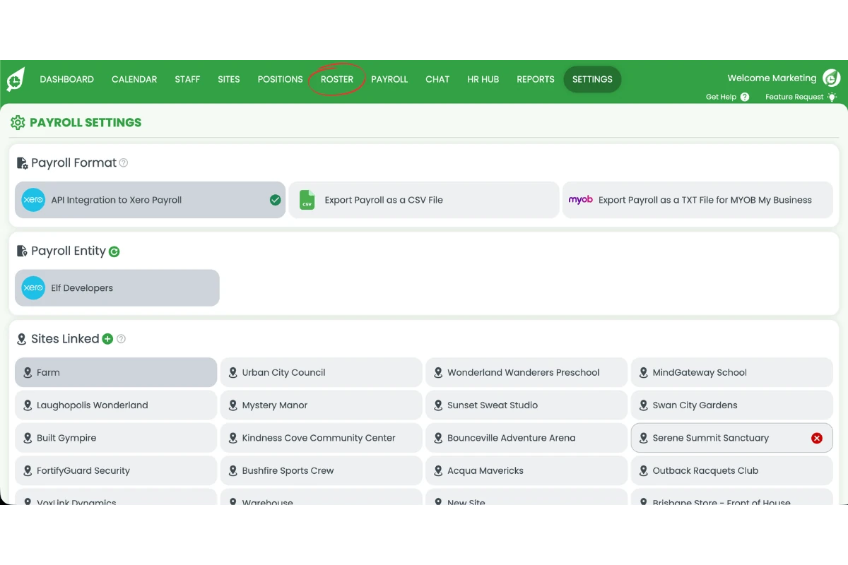 Screenshot showing the Roster circled in RosterElf Payroll settings