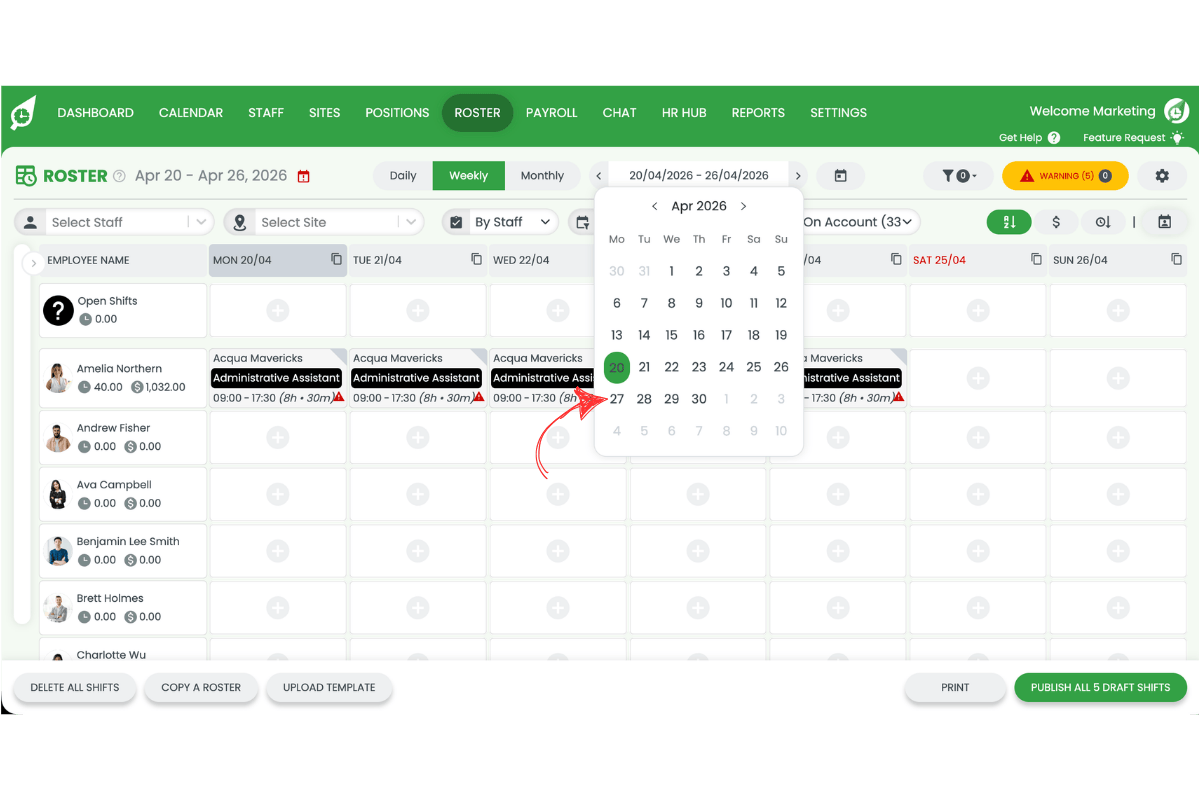 Screenshot showing the calendar date picker with the public holiday date selected