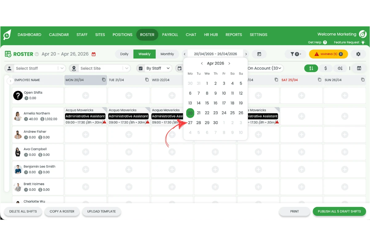 Roster calendar date picker set to the public holiday to roster a worked shift
