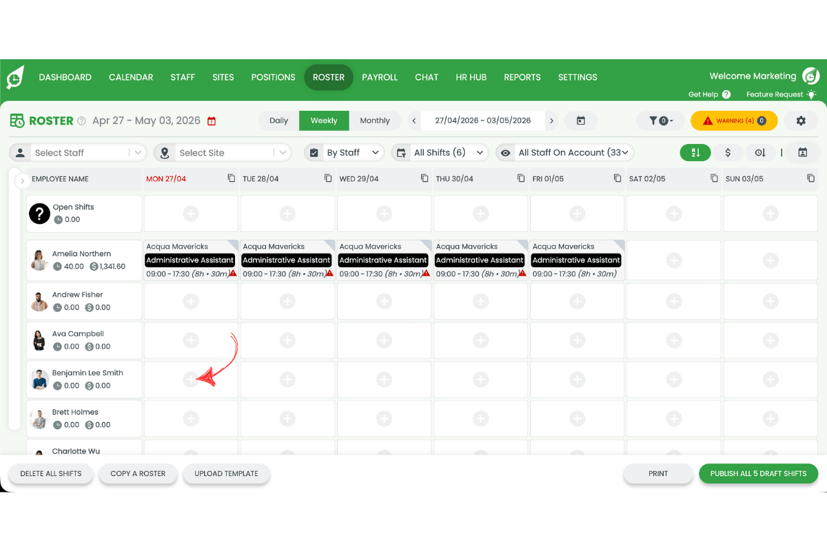 Screenshot showing the add shift button highlighted in the roster view