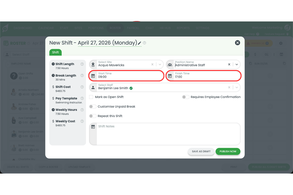 Screenshot showing the shift hours entered in the New Shift modal