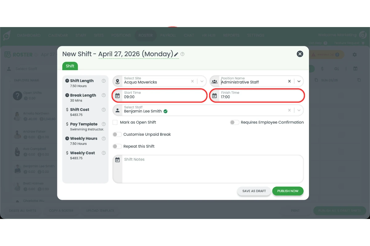 Screenshot showing the shift hours entered in the New Shift modal