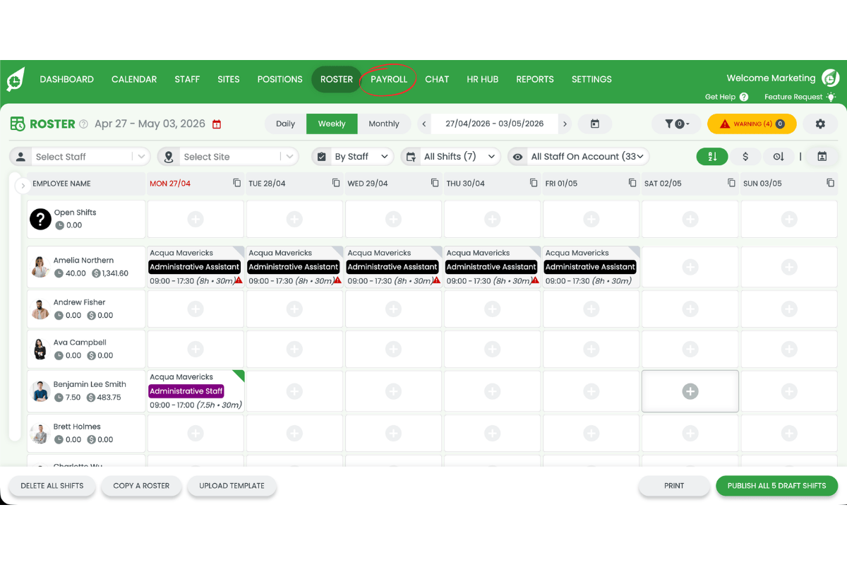 Screenshot showing Payroll open in RosterElf