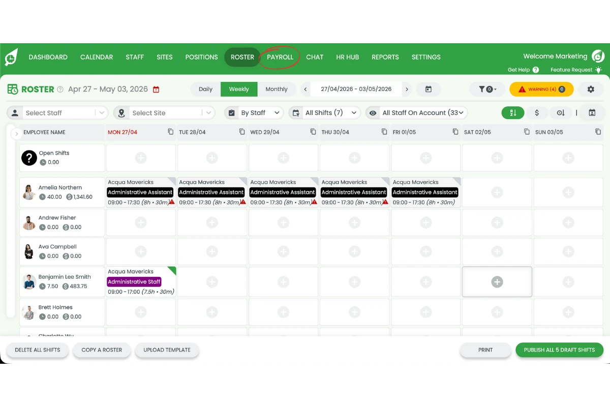 Screenshot showing Payroll open in RosterElf