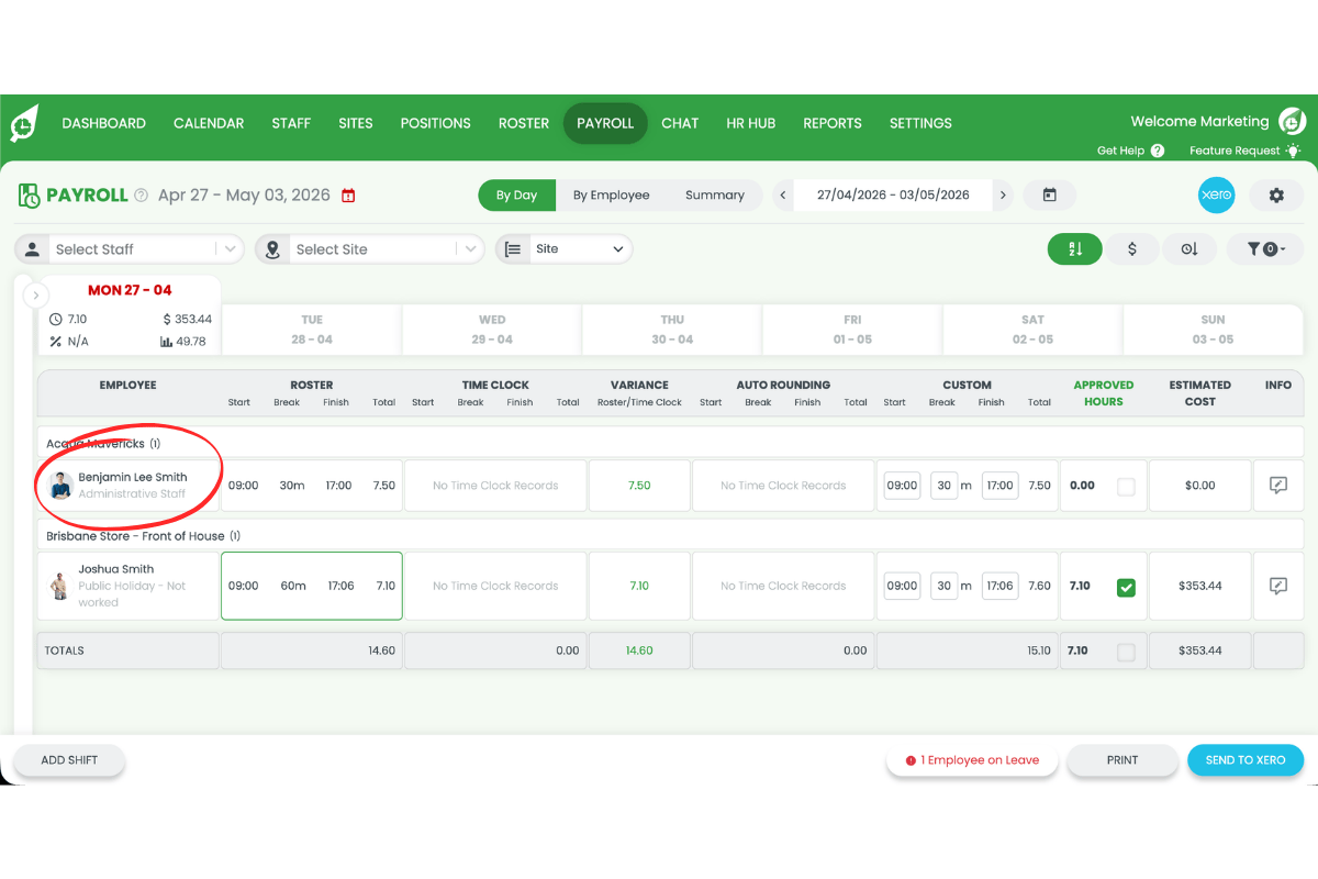 Screenshot showing the worked shift with public holiday rates displayed in Payroll