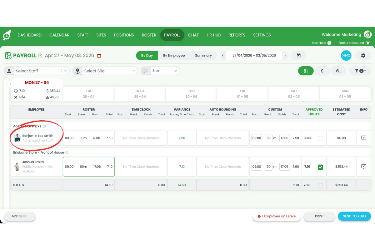 Screenshot showing the worked shift with public holiday rates displayed in Payroll