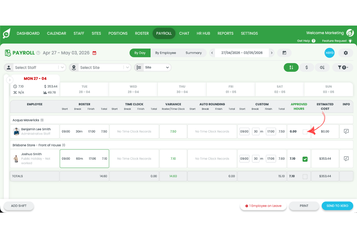 Screenshot showing the approve shift action in Payroll with an arrow indicating the approval checkbox