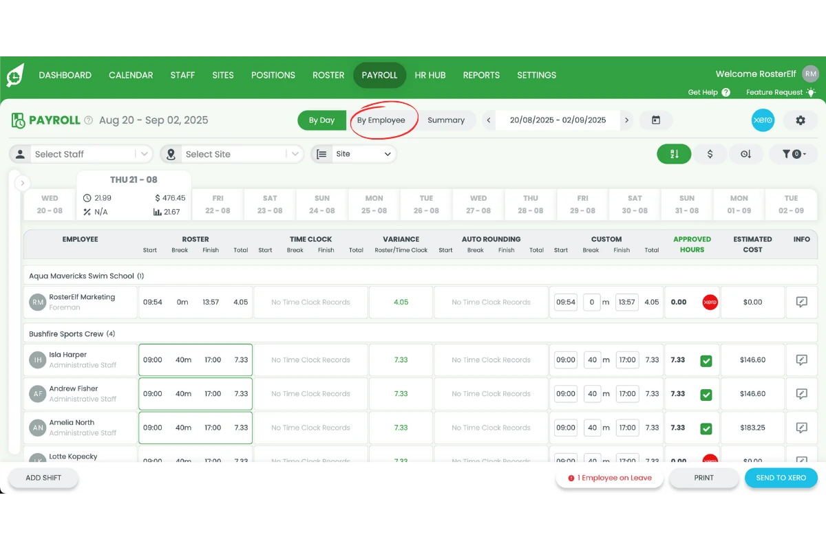 RosterElf Payroll with the By Employee view selected