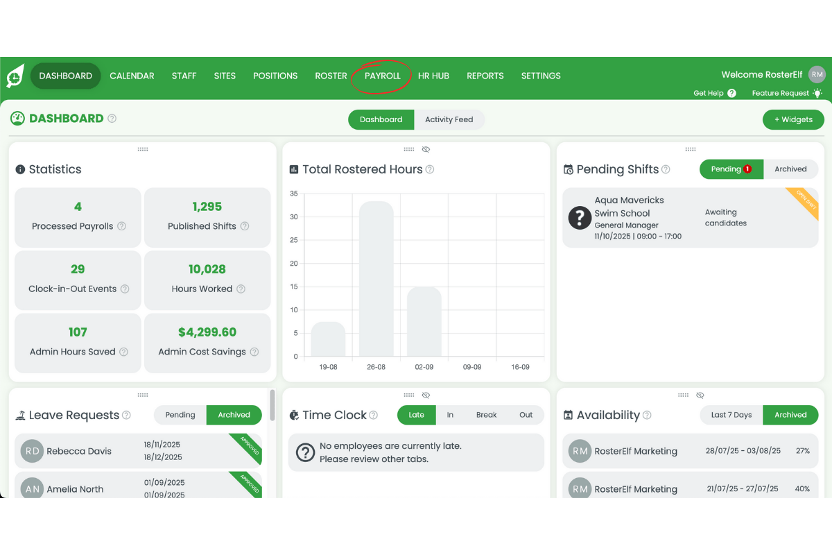 Payroll section in RosterElf