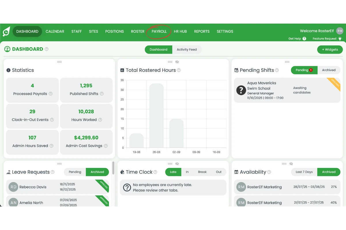 RosterElf Payroll tab in the top navigation