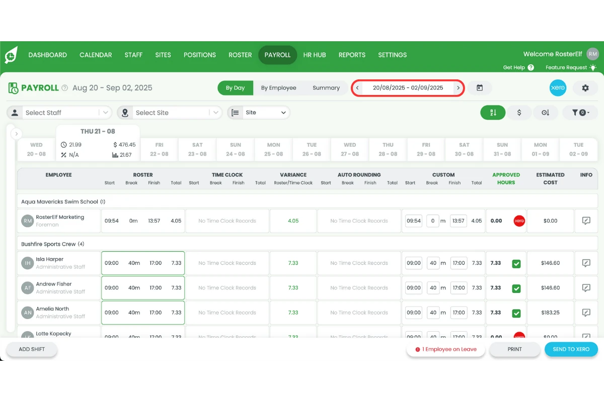 RosterElf Payroll page with the pay date selector