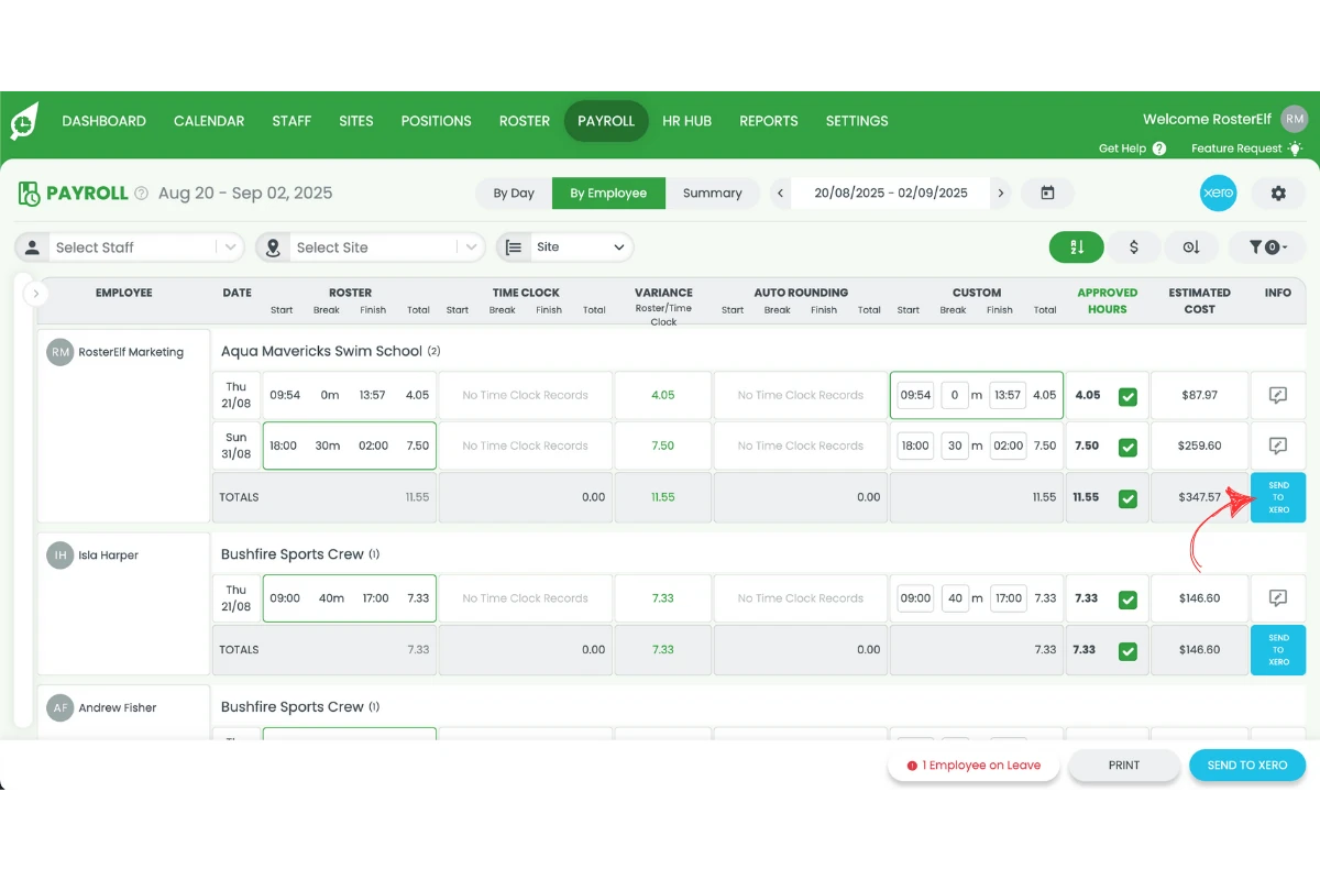 RosterElf payroll with the Send to Xero button for an individual timesheet