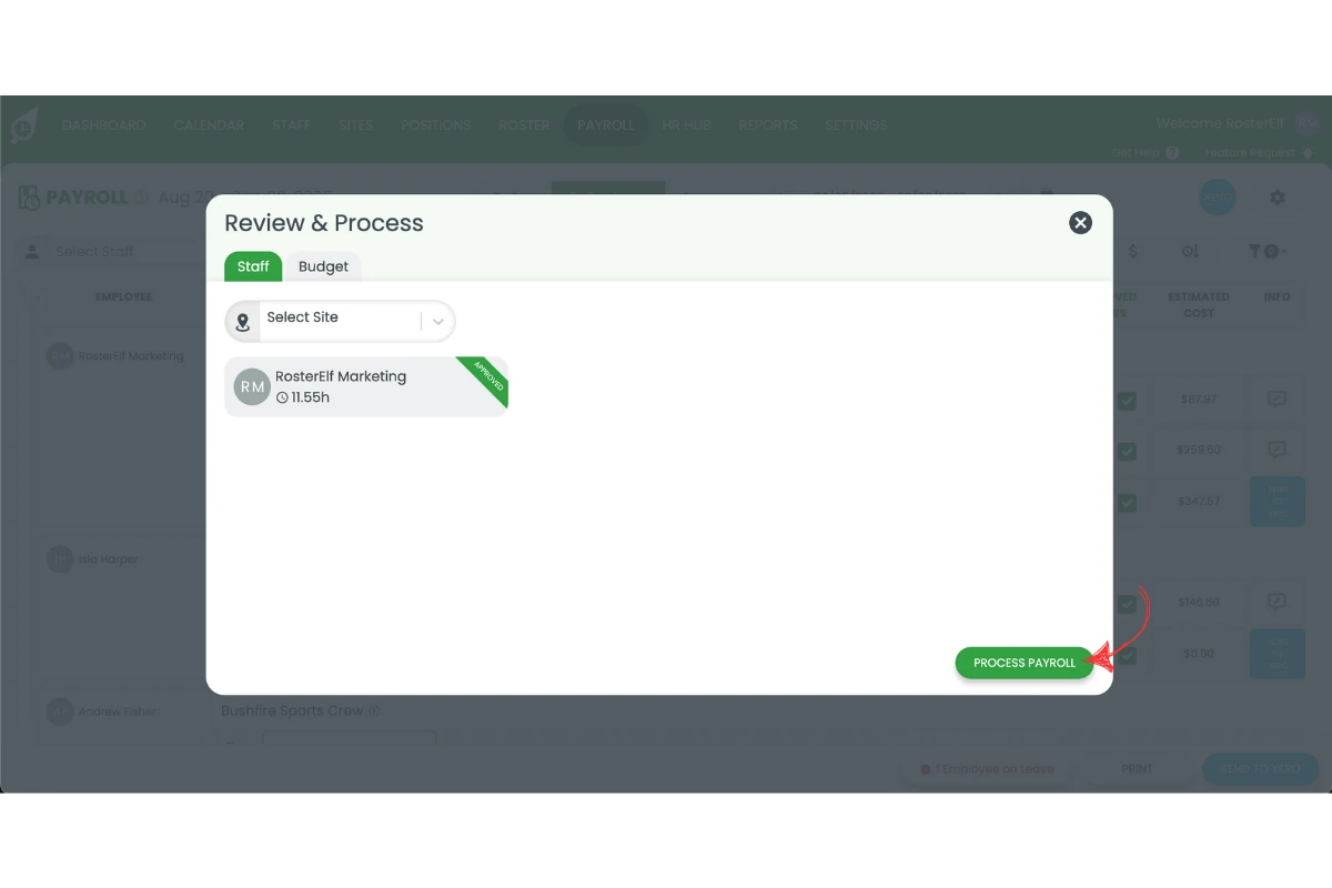 RosterElf payroll with the Process Payroll button