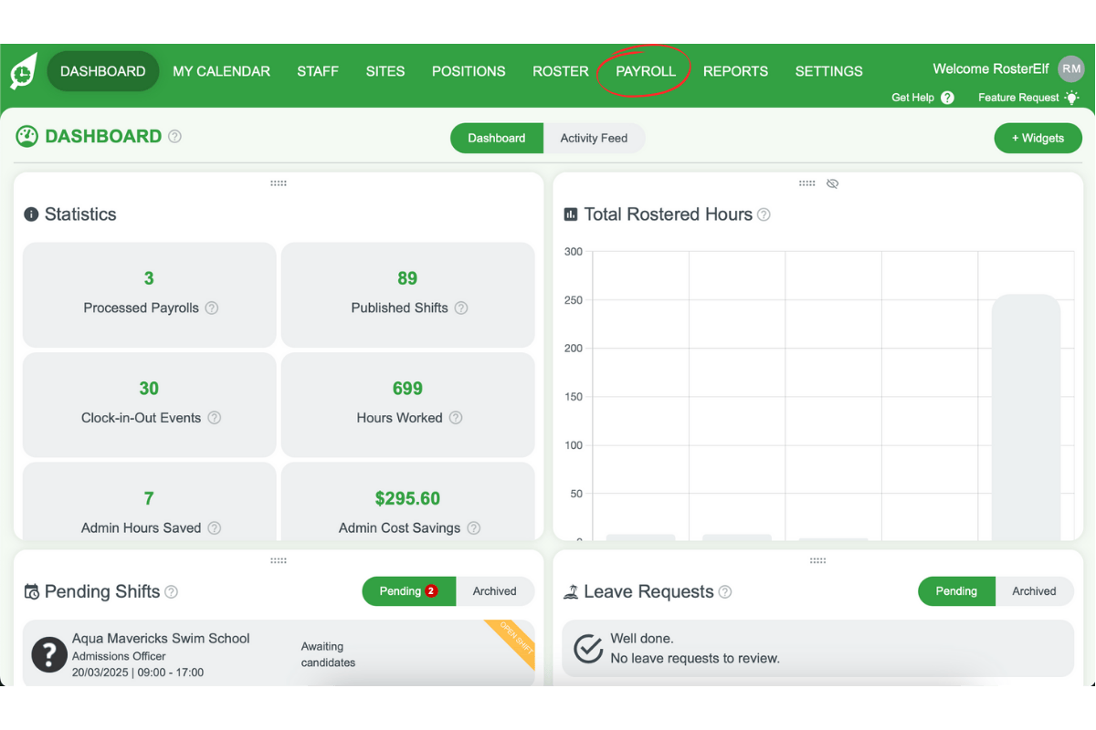 Screenshot illustrating the Payroll tab in the system