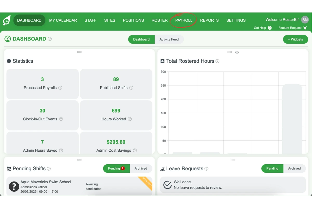 Screenshot illustrating the Payroll tab in the system