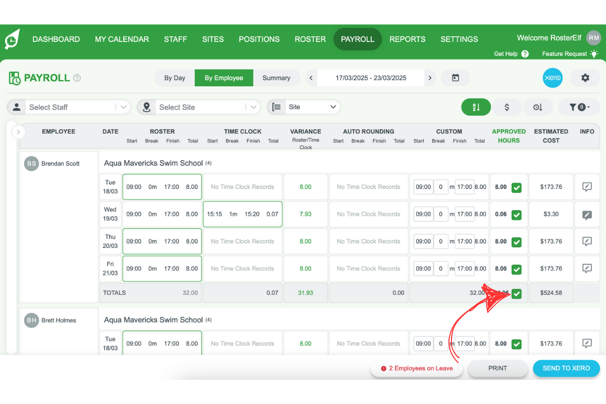 Screenshot illustrating how to untick total hours for unprocessed staff