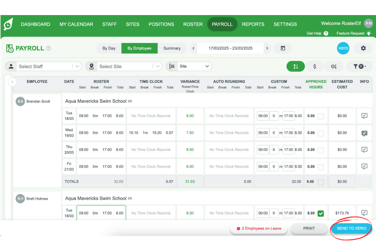 Screenshot of the process payroll or send to Xero button