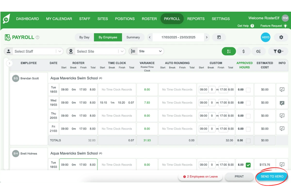 Screenshot of the process payroll or send to Xero button